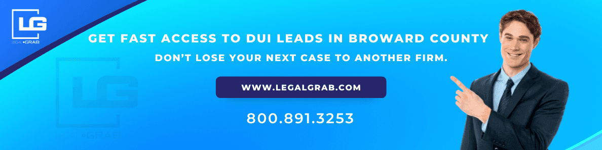 Banner promoting LegalGrab's DUI lead service in Monroe County, featuring the headline "Get fast access to DUI leads in Monroe County," a subheadline about staying ahead of other firms, and a call to action with phone number 800.891.3253