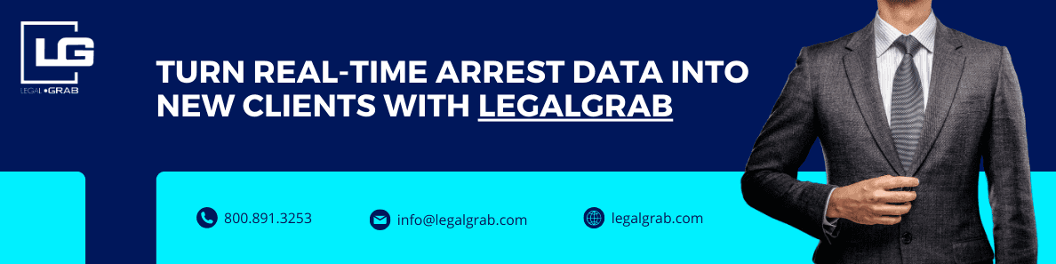 Banner promoting LegalGrab’s DUI lead service in Bartow County, GA featuring real-time arrest data, targeted legal outreach, and a call to action with phone number 800.891.3253