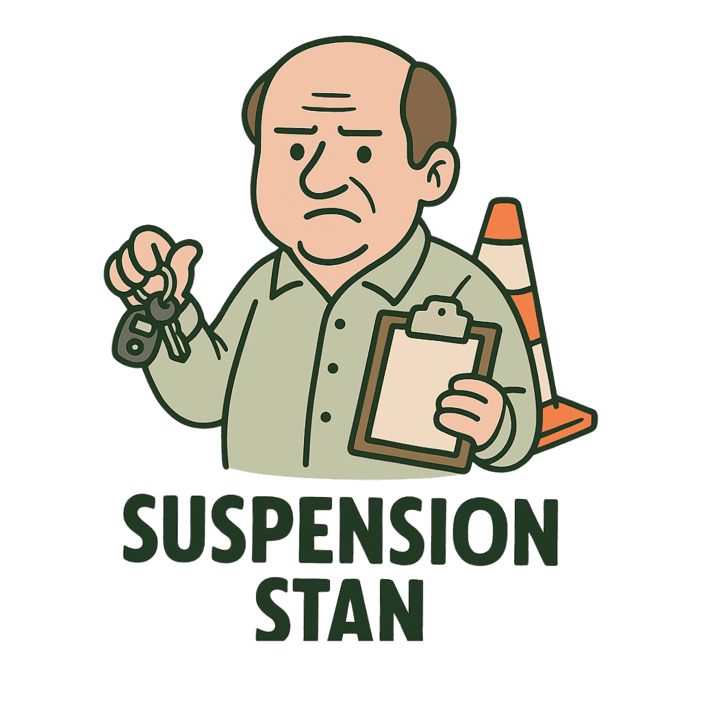 Suspension Stan holding car keys and a clipboard, with a traffic cone behind him, representing high-risk auto insurance and license suspension themes.