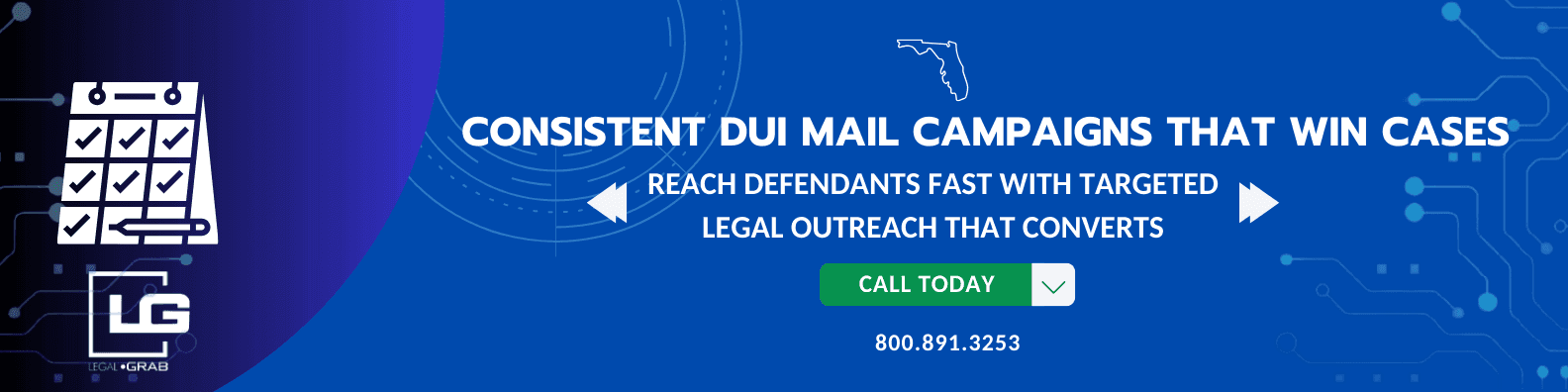 Florida DUI attorney reviewing consistent direct mail campaigns with LegalGrab branding, highlighting the power of steady outreach over high-volume bursts.