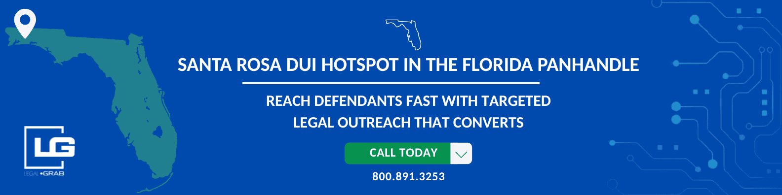 State map of Florida with Santa Rosa County highlighted in red as a DUI arrest hotspot Overlay Text: Santa Rosa DUI Hotspot in Florida
